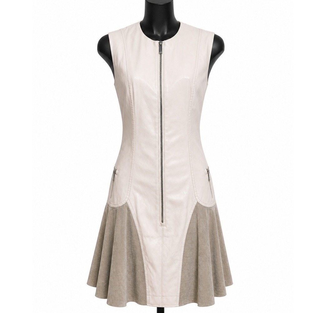Armani Exchange A/X Cream Faux Leather Suede Zip Front Mini Dress 3DYA09 YNYJZ 6 - Picture 2 of 7